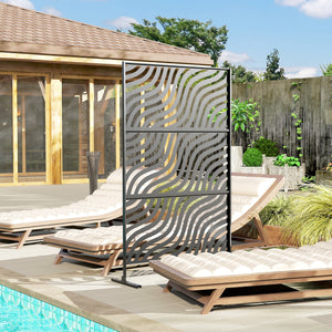 Metal Outdoor Privacy Screen, 78" x 48" Freestanding Outdoor Divider with Stand, Decorative Privacy Panel with Ripple Cut-out Design for Garden Patio Backyard, Black