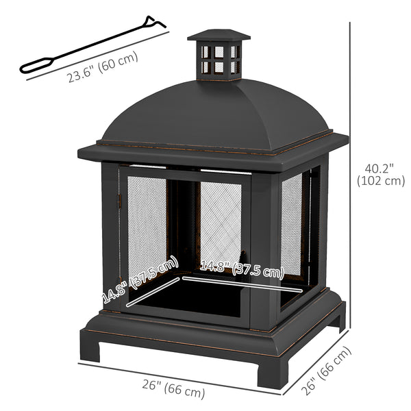 26" Fire Pit with Chimney Style, Outdoor Wood Burning Firepit with Spark Guard and Poker, Steel, Black