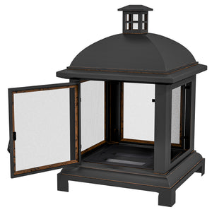 26" Fire Pit with Chimney Style, Outdoor Wood Burning Firepit with Spark Guard and Poker, Steel, Black