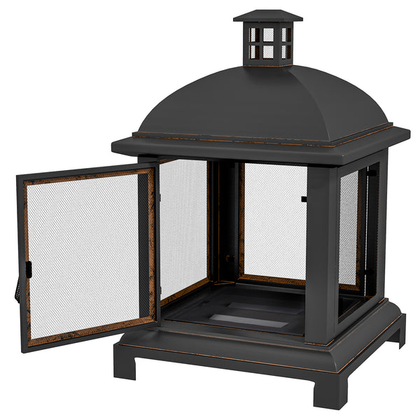26" Fire Pit with Chimney Style, Outdoor Wood Burning Firepit with Spark Guard and Poker, Steel, Black