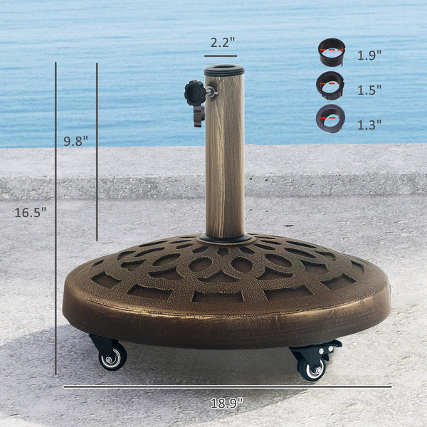 Round Patio Umbrella Base with Wheels, 46 lbs Resin Umbrella Stand Base, Heavy Duty Patio Umbrella Holder for 1.3"/1.5"/1.9" Umbrella Poles for Outdoor, Lawn, Poolside, Bronze