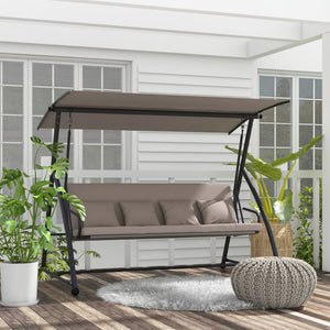 Patio Swing Chair, 3 Person Convertible Hammock, Outdoor Swing Lounge Bed, Cushioned with Tilt Canopy, Light Brown