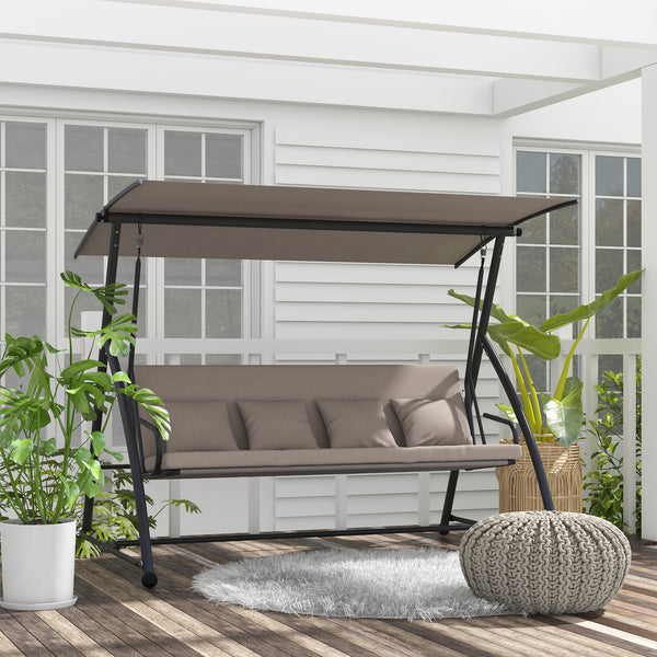 Patio Swing Chair, 3 Person Convertible Hammock, Outdoor Swing Lounge Bed, Cushioned with Tilt Canopy, Light Brown