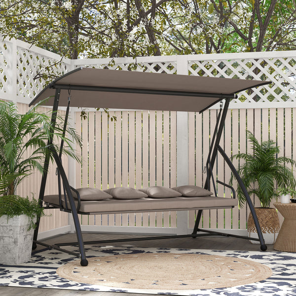 Patio Swing Chair, 3 Person Convertible Hammock, Outdoor Swing Lounge Bed, Cushioned with Tilt Canopy, Light Brown