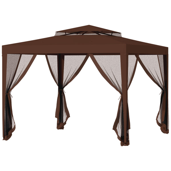 10' x 10' Canopy Tent, Party Tent with Mesh Netting and Double Tier Roof for Backyard, Garden, Patio, Outdoor, Brown