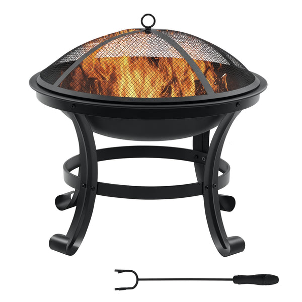 21.7" x 21.7" x 19.7" Outdoor Fire Pit with Mesh Lid, Wood Burner, Log Burning Bowl with Poker for Patio, Backyard, Black