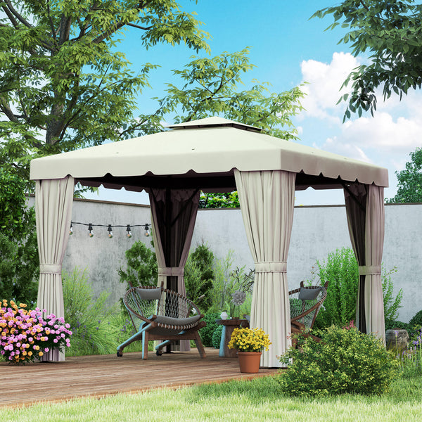 10' x 10' Outdoor Patio Gazebo Double Soft-top Garden Shelter Tent with Beautiful Polyester Curtains, & Mesh Screen Drapes, Cream White