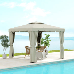 10' x 10' Outdoor Patio Gazebo Double Soft-top Garden Shelter Tent with Beautiful Polyester Curtains, & Mesh Screen Drapes, Cream White