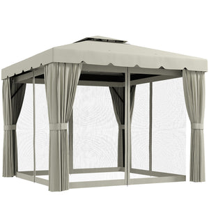 10' x 10' Outdoor Patio Gazebo Double Soft-top Garden Shelter Tent with Beautiful Polyester Curtains, & Mesh Screen Drapes, Cream White