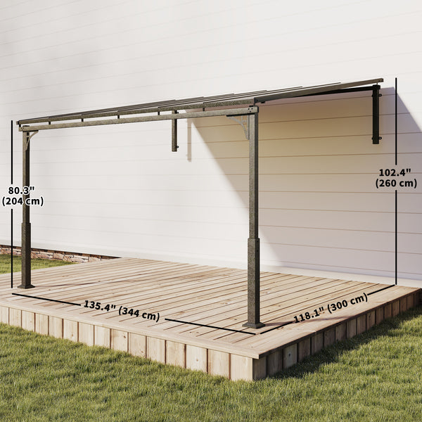 11' x 10' Outdoor Pergola, Wall Mounted Hardtop Lean-to Gazebo with Polycarbonate Roof and Metal-Aluminium Frame, Heavy Duty Metal Pergola for Patio Deck Backyard, Brown