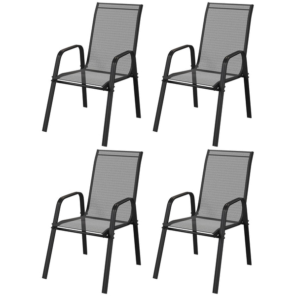 4 Pieces Garden Chairs, Stackable Outdoor Chairs with High Backrest and Armrest, Breathable Mesh Fabric Dining Chair Set of 4, Black