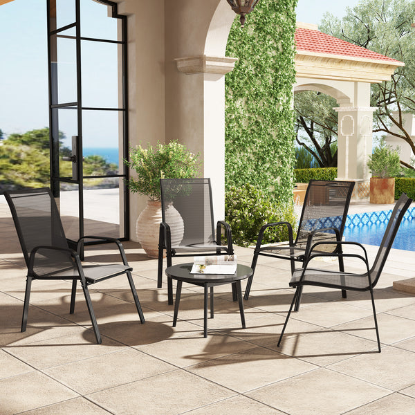 4 Pieces Garden Chairs, Stackable Outdoor Chairs with High Backrest and Armrest, Breathable Mesh Fabric Dining Chair Set of 4, Black