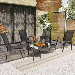 4 Pieces Garden Chairs, Stackable Outdoor Chairs with High Backrest and Armrest, Breathable Mesh Fabric Dining Chair Set of 4, Black