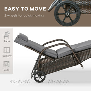 3 Pieces Wicker Patio Lounger Set with Table, PE Rattan Outdoor Lounge Chair Set with Cushions, Wheels, 5-Level Reclining Backrest, Headrest, Dark Grey