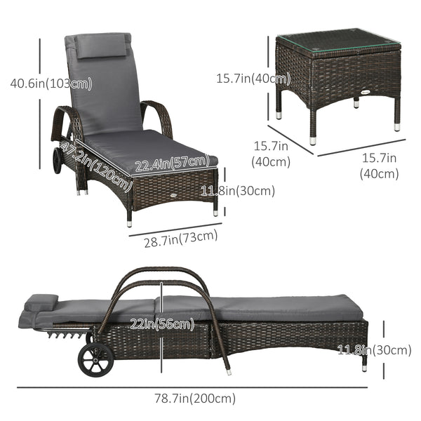 3 Pieces Wicker Patio Lounger Set with Table, PE Rattan Outdoor Lounge Chair Set with Cushions, Wheels, 5-Level Reclining Backrest, Headrest, Dark Grey