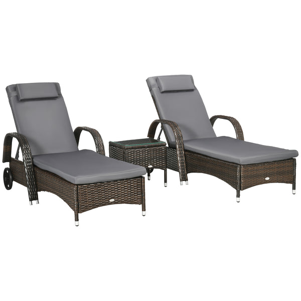 3 Pieces Wicker Patio Lounger Set with Table, PE Rattan Outdoor Lounge Chair Set with Cushions, Wheels, 5-Level Reclining Backrest, Headrest, Dark Grey