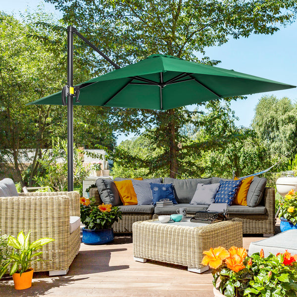 8' x 8' Square Patio Hanging Offset Umbrella with 360° Rotation, Aluminum Outdoor Cantilever Parasol with Crank & Tilt, Sun Canopy Shelter with Cross Base, Green