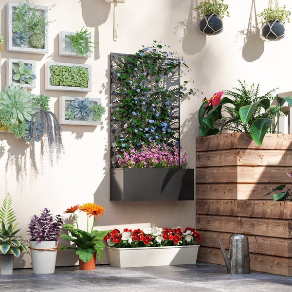 Metal Raised Garden Bed with Trellis for Climbing Plants, Freestanding or Wall Mounted Flower Bed with Privacy Panel, Small Leaves Cut-Outs Outdoor Planter Box for Garden, Patio, Balcony