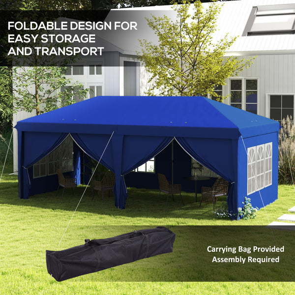 3 x 6 m Garden Pop Up Gazebo, Wedding Party Tent Marquee, Water Resistant Awning Canopy with Sidewalls, Windows, Carry Bag, Blue