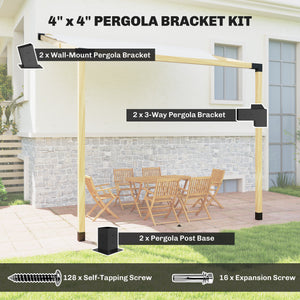 Pergola Kit, 15° Slanted Roof Pergola Bracket Kit with 2 3-Way Corner Brackets, 2 Post Bases, 2 Wall Mounts for 4"x 4" (Actual 3.6" X 3.6") Lumber, 6 PCS DIY Hardware with Screws, Black