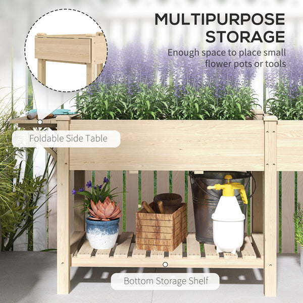 Raised Garden Bed, 81.5 x 23 x 30.5 in Elevated Wood Planter Box w/ Foldable Side Table and Bottom Shelf, Raised Planter w/ Bed Liners and Drainage Holes, Natural