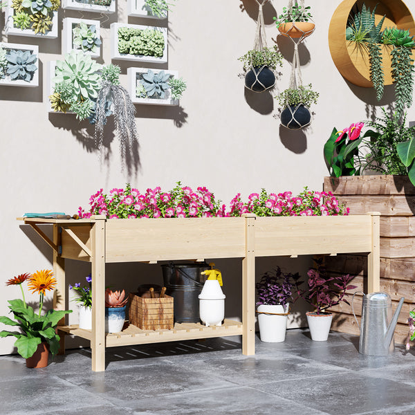Raised Garden Bed, 81.5 x 23 x 30.5 in Elevated Wood Planter Box w/ Foldable Side Table and Bottom Shelf, Raised Planter w/ Bed Liners and Drainage Holes, Natural