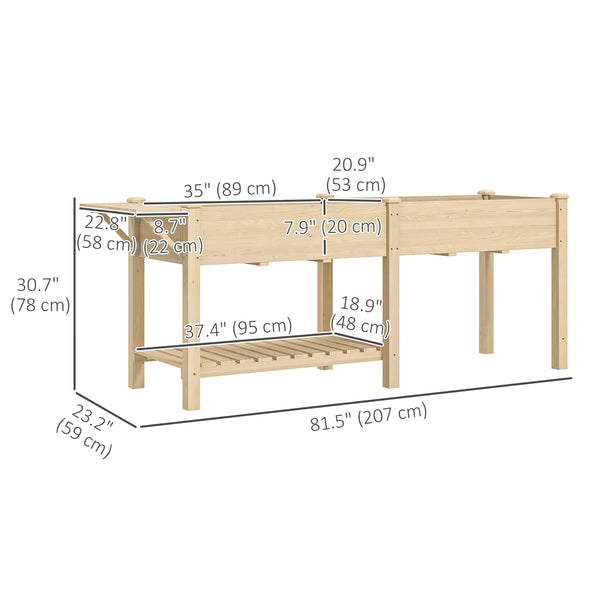 Raised Garden Bed, 81.5 x 23 x 30.5 in Elevated Wood Planter Box w/ Foldable Side Table and Bottom Shelf, Raised Planter w/ Bed Liners and Drainage Holes, Natural