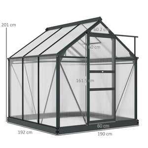 6 x 6ft Polycarbonate Greenhouse, Large Walk-In Green House with Slide Door and Window, Garden Plants Grow House with Aluminium Frame and Foundation, Grey