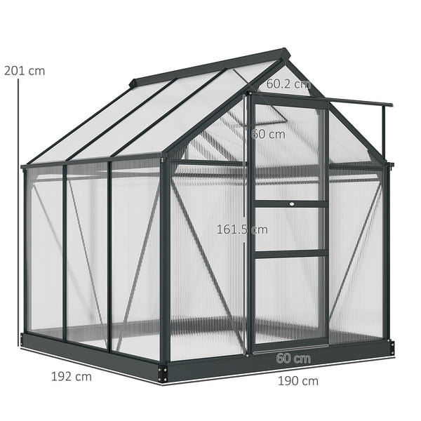 6 x 6ft Polycarbonate Greenhouse, Large Walk-In Green House with Slide Door and Window, Garden Plants Grow House with Aluminium Frame and Foundation, Grey