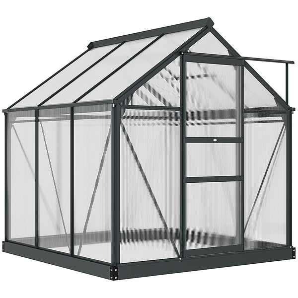 6 x 6ft Polycarbonate Greenhouse, Large Walk-In Green House with Slide Door and Window, Garden Plants Grow House with Aluminium Frame and Foundation, Grey