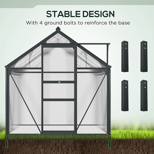 6 x 6ft Polycarbonate Greenhouse, Large Walk-In Green House with Slide Door and Window, Garden Plants Grow House with Aluminium Frame and Foundation, Grey