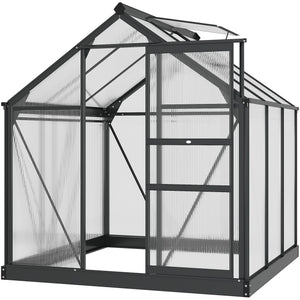 6 x 6ft Polycarbonate Greenhouse, Large Walk-In Green House with Slide Door and Window, Garden Plants Grow House with Aluminium Frame and Foundation, Grey