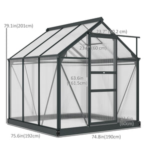 6' x 6' x 6.6' Polycarbonate Greenhouse, Walk-In Green House Kit Garden, Plants Grow, Galvanized Sheet Aluminum Frame with Rain Gutter, Vent and Sliding Door, Grey
