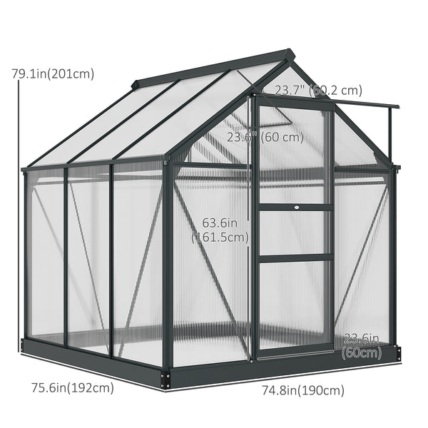 6' x 6' x 6.6' Polycarbonate Greenhouse, Walk-In Green House Kit Garden, Plants Grow, Galvanized Sheet Aluminum Frame with Rain Gutter, Vent and Sliding Door, Grey