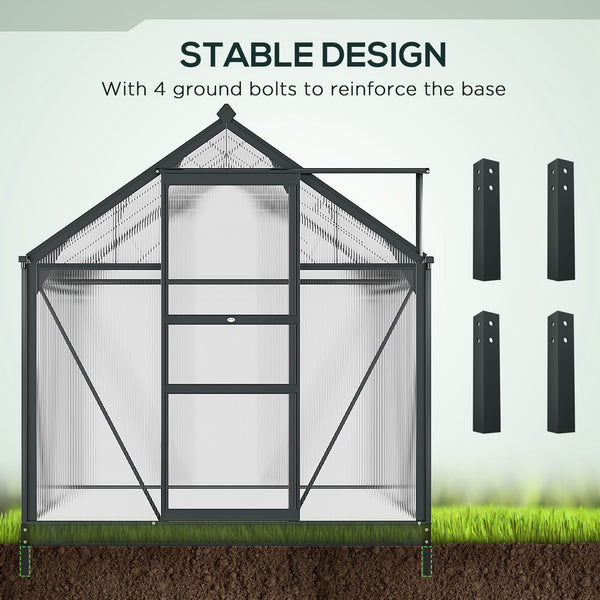 6' x 6' x 6.6' Polycarbonate Greenhouse, Walk-In Green House Kit Garden, Plants Grow, Galvanized Sheet Aluminum Frame with Rain Gutter, Vent and Sliding Door, Grey