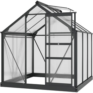 6 x 6ft Polycarbonate Greenhouse, Large Walk-In Green House with Slide Door and Window, Garden Plants Grow House with Aluminium Frame and Foundation, Grey