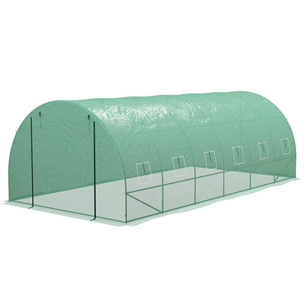 20' x 10' Tunnel Greenhouse with Sprinkler System, Walk-in Green House with Wide Roll-up Door, 12 Mesh Windows, Galvanised Steel Frame, Green