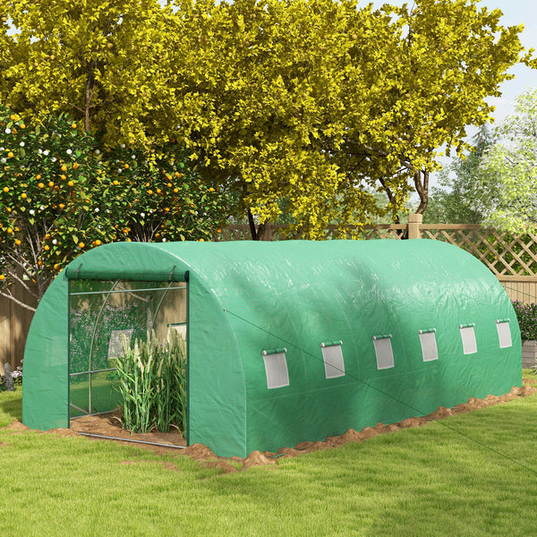 20' x 10' Tunnel Greenhouse with Sprinkler System, Walk-in Green House with Wide Roll-up Door, 12 Mesh Windows, Galvanised Steel Frame, Green