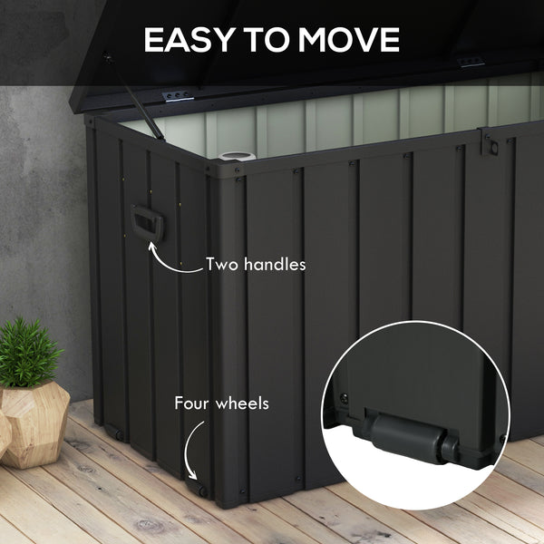 119 Gallon Deck Box, Outdoor Storage Box with Wheels and Handles, Lockable Galvanised Steel Outside Storage Container for Tools, Cushions, Dark Grey