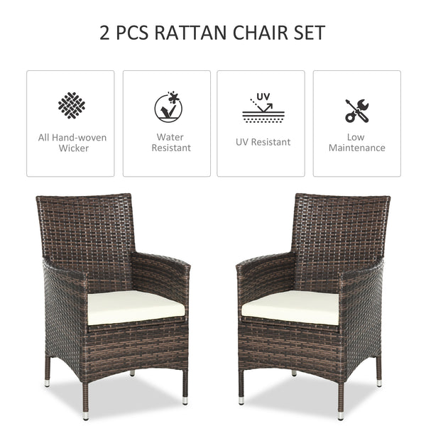 2 Pieces Outdoor PE Rattan Dining Chairs Set with Cushion, Garden Armchair with Armrests, High Backrest, Metal Frame Patio Wicker Furniture, Mixed Brown