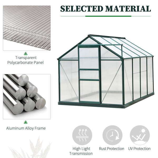 6' x 8' x 6.6' Polycarbonate Greenhouse, Walk-In Green House Kit Garden, Plants Grow, Galvanized Sheet Aluminum Frame with Rain Gutter, Vent and Sliding Door, Green
