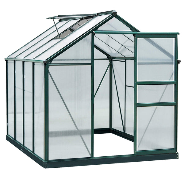 6' x 8' x 6.6' Polycarbonate Greenhouse, Walk-In Green House Kit Garden, Plants Grow, Galvanized Sheet Aluminum Frame with Rain Gutter, Vent and Sliding Door, Green