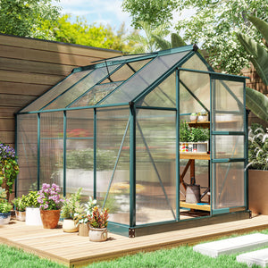 6' x 8' x 6.6' Polycarbonate Greenhouse, Walk-In Green House Kit Garden, Plants Grow, Galvanized Sheet Aluminum Frame with Rain Gutter, Vent and Sliding Door, Green
