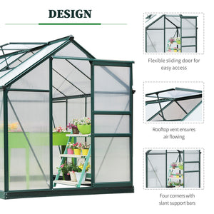 6' x 8' x 6.6' Polycarbonate Greenhouse, Walk-In Green House Kit Garden, Plants Grow, Galvanized Sheet Aluminum Frame with Rain Gutter, Vent and Sliding Door, Green