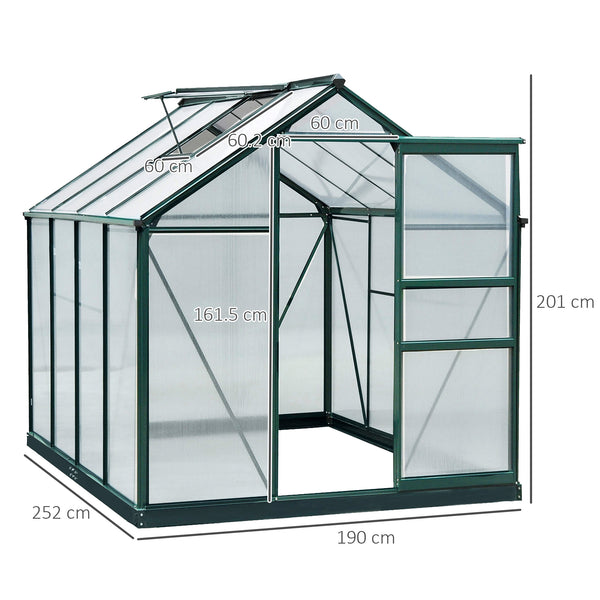 6 x 8ft Polycarbonate Greenhouse, Large Walk-In Green House with Slide Door and Window, Garden Plants Grow House with Aluminium Frame and Foundation, Dark Green