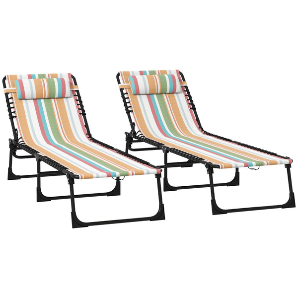Folding Chaise Lounge Chair Set of 2, Patio Sun Tanning Chair, Outdoor Chaise Lounger with 4-Position Reclining Back, Breathable Mesh Seat for Beach, Poolside, Rainbow Striped
