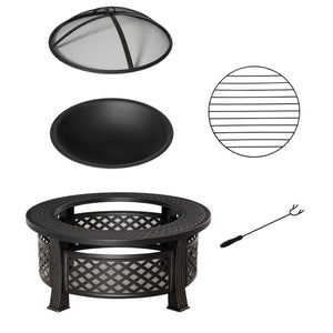Outdoor Fire Pit, Round Firepit with Grill Net, Mesh Lid, Poker, for Backyard, Camping, Bonfire, Picnic, Bronze
