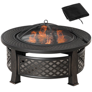 Outdoor Fire Pit, Round Firepit with Grill Net, Mesh Lid, Poker, for Backyard, Camping, Bonfire, Picnic, Bronze