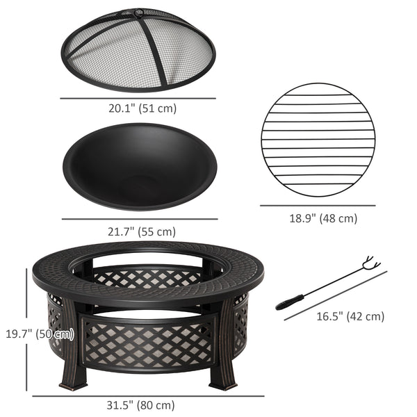 Outdoor Fire Pit, Round Firepit with Grill Net, Mesh Lid, Poker, for Backyard, Camping, Bonfire, Picnic, Bronze