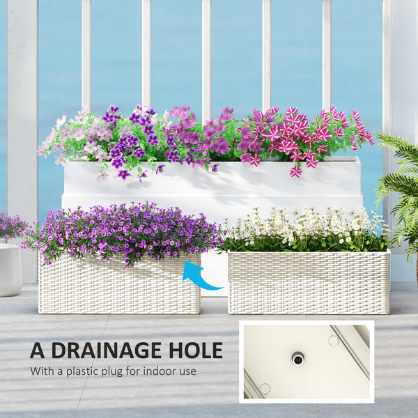 2 Pack Railing Planter Box, 20 Inch Hanging Flower Pots with Hooks and Drainage Hole, Rectangular Planters for Fence, Balcony, Garden, Patio, Rattan Look, White